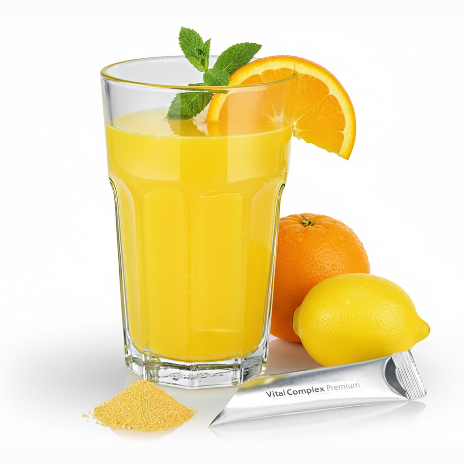 Glas mit trinkfertigem gelbem VitalComplex Premium-Drink, Orangenscheibe und Minze, daneben Zitrone, Orange, Pulver und VitalComplex Premium Stick